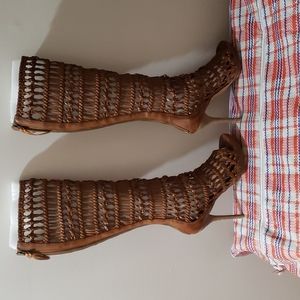 Woven Knee-High Stiletto Sandals - Tan